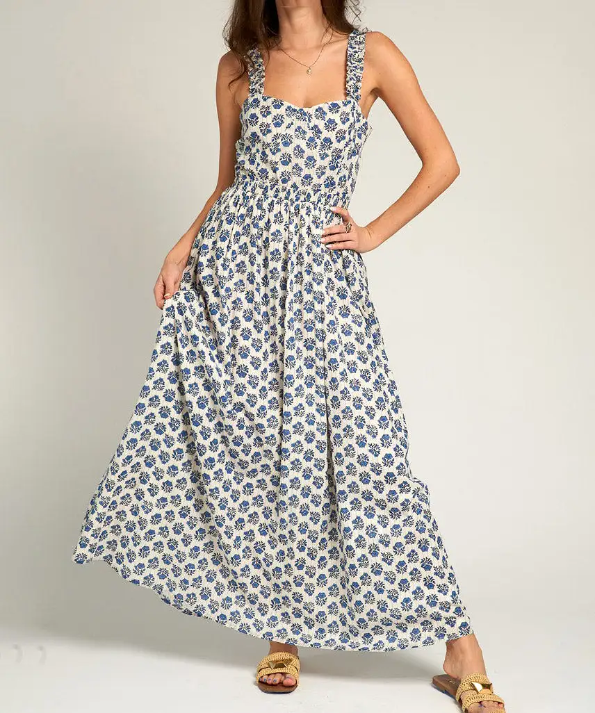 Sleeveless Maxi Dress with Open Back Detail - Blue/Ivory