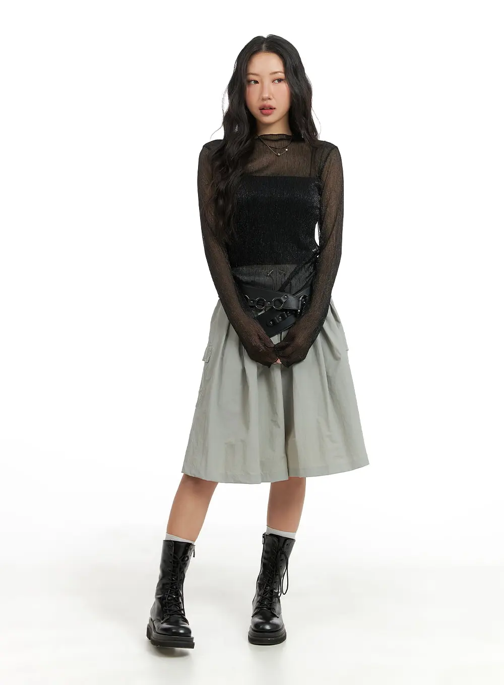 Solid Flare Cargo Midi Skirt CM425