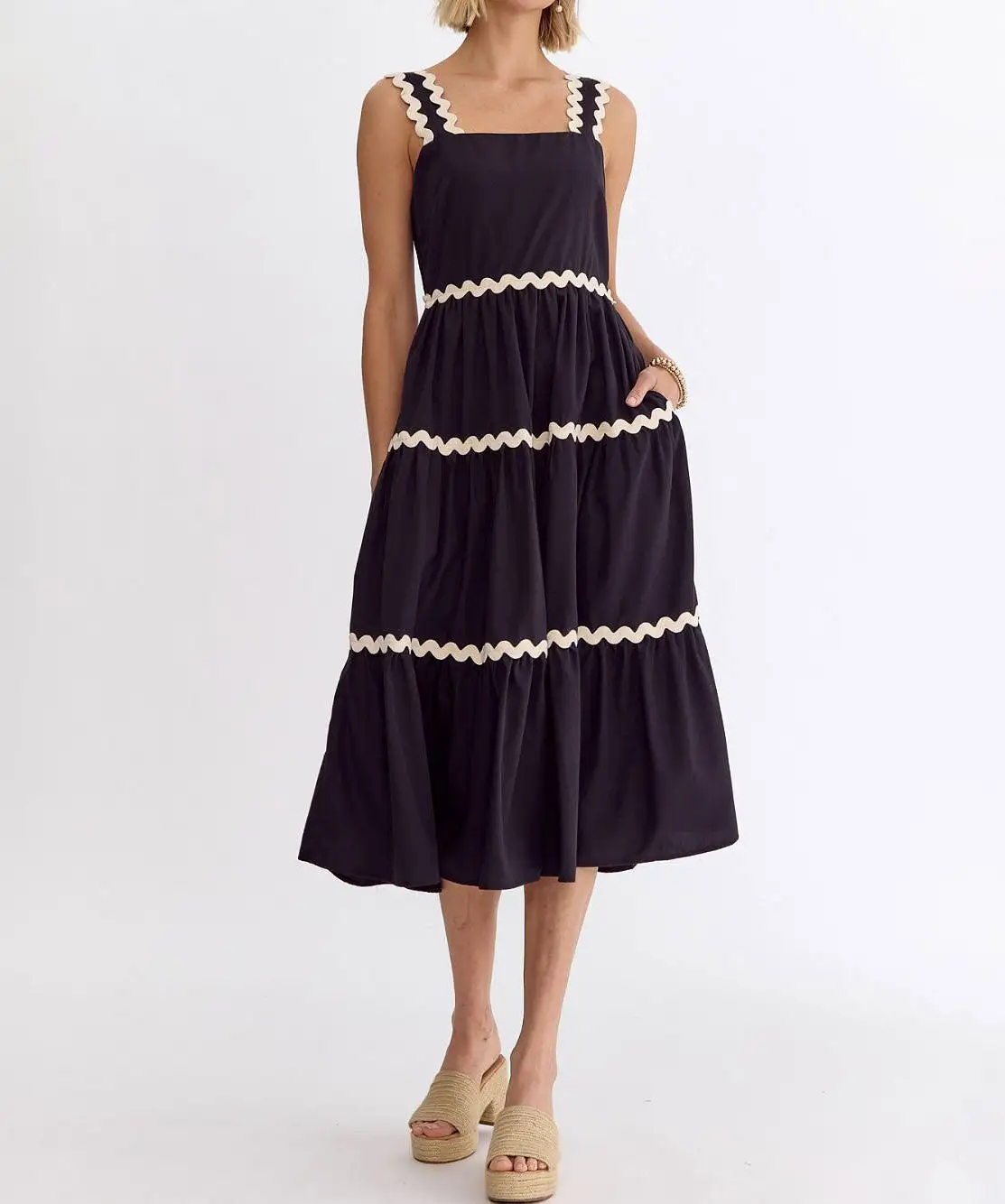 Square Neck Midi Dress with Rick Rack Trim - Black