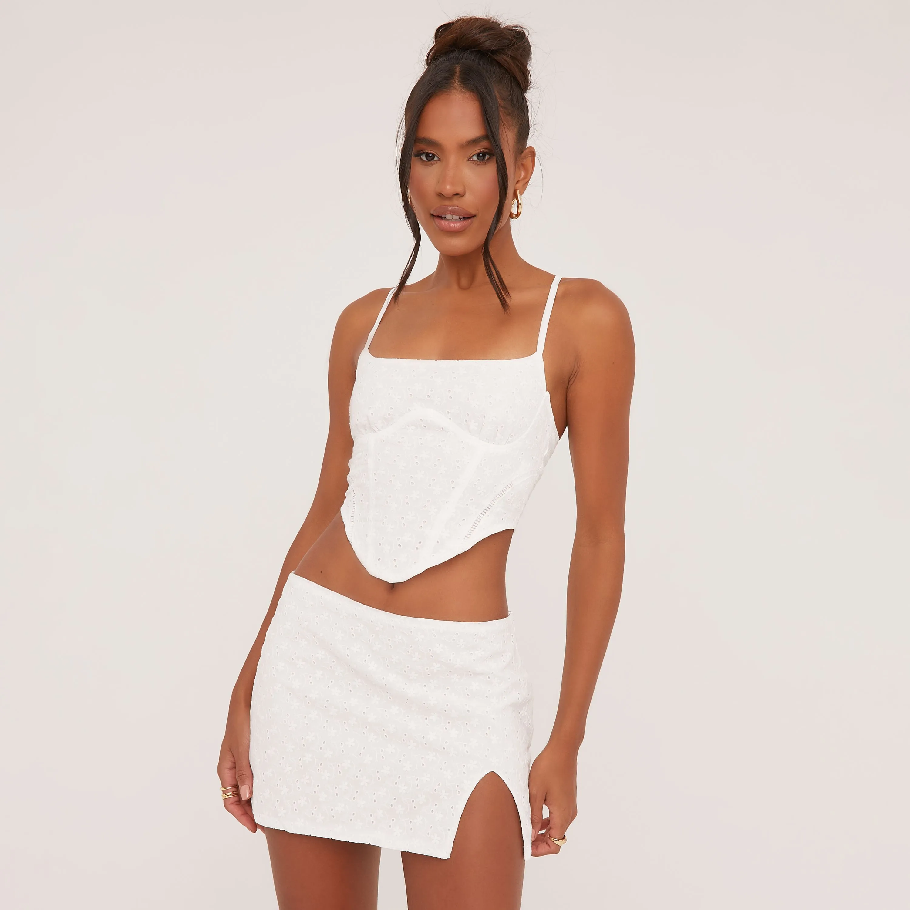 Square Neck Strappy Back Detail Corset Top And Low Rise Split Leg Mini Skirt Co-Ord Set In White Broderie