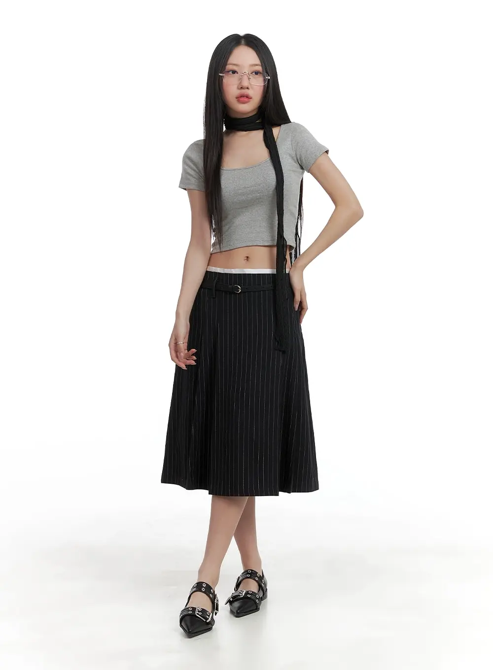 Stripe Pintuck Midi Skirt CA409