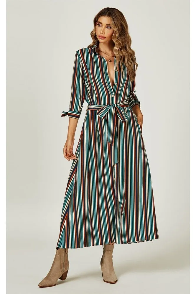 Stripe Print Maxi Shirt Dress In Navy