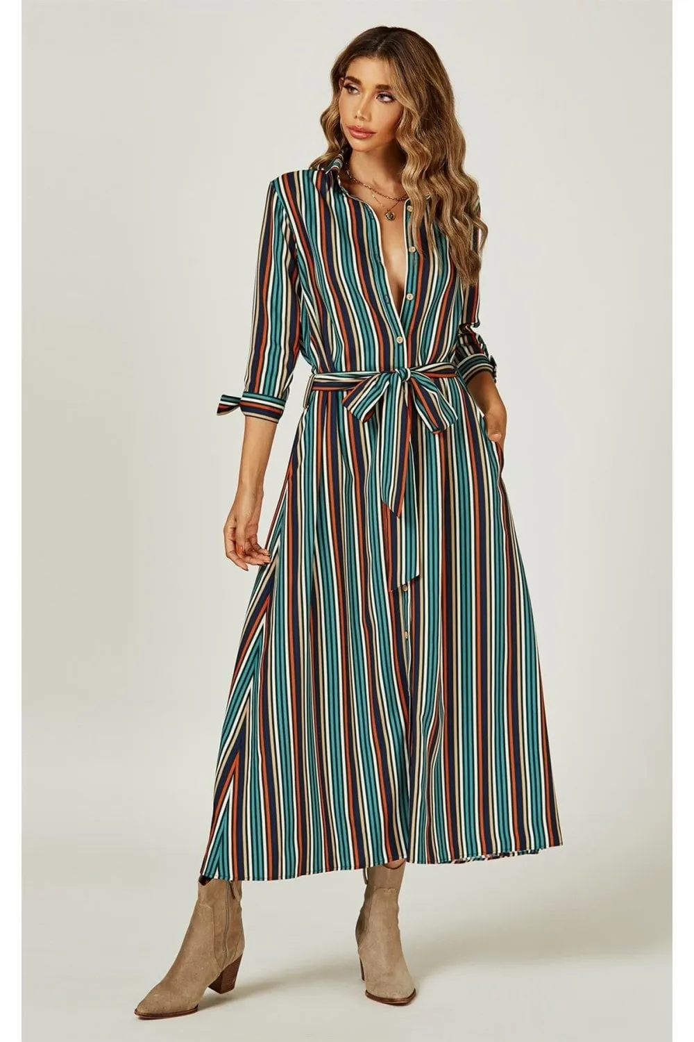 Stripe Print Maxi Shirt Dress In Navy