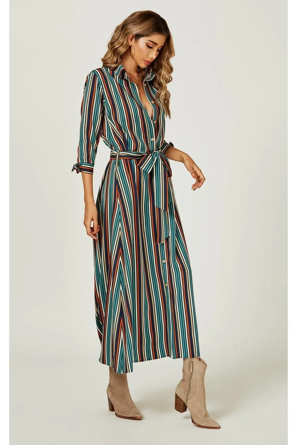 Stripe Print Maxi Shirt Dress In Navy