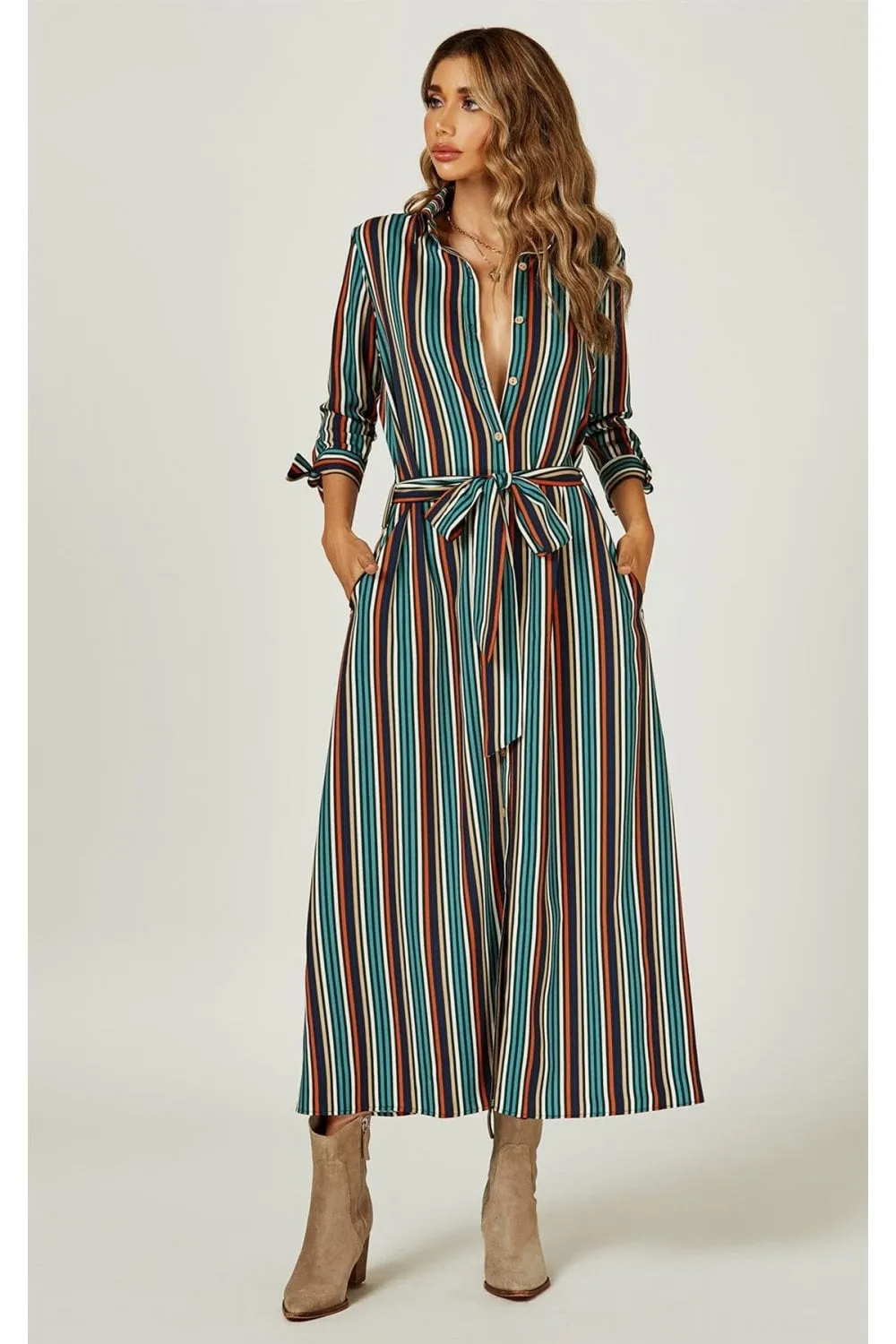 Stripe Print Maxi Shirt Dress In Navy