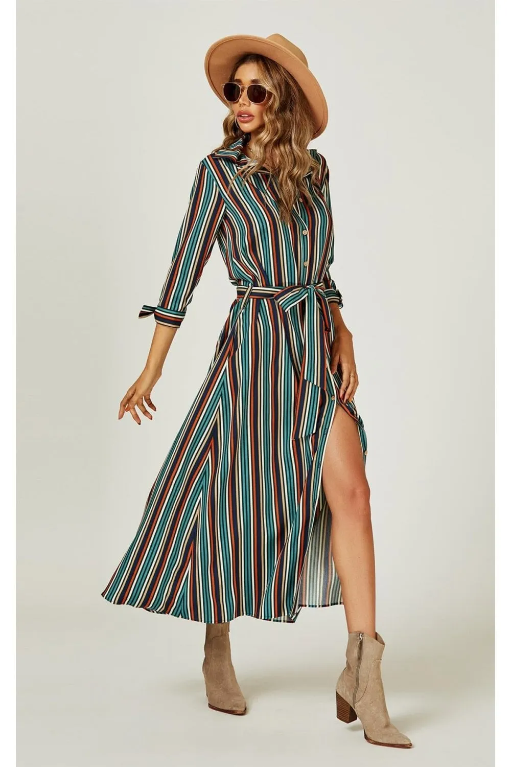 Stripe Print Maxi Shirt Dress In Navy