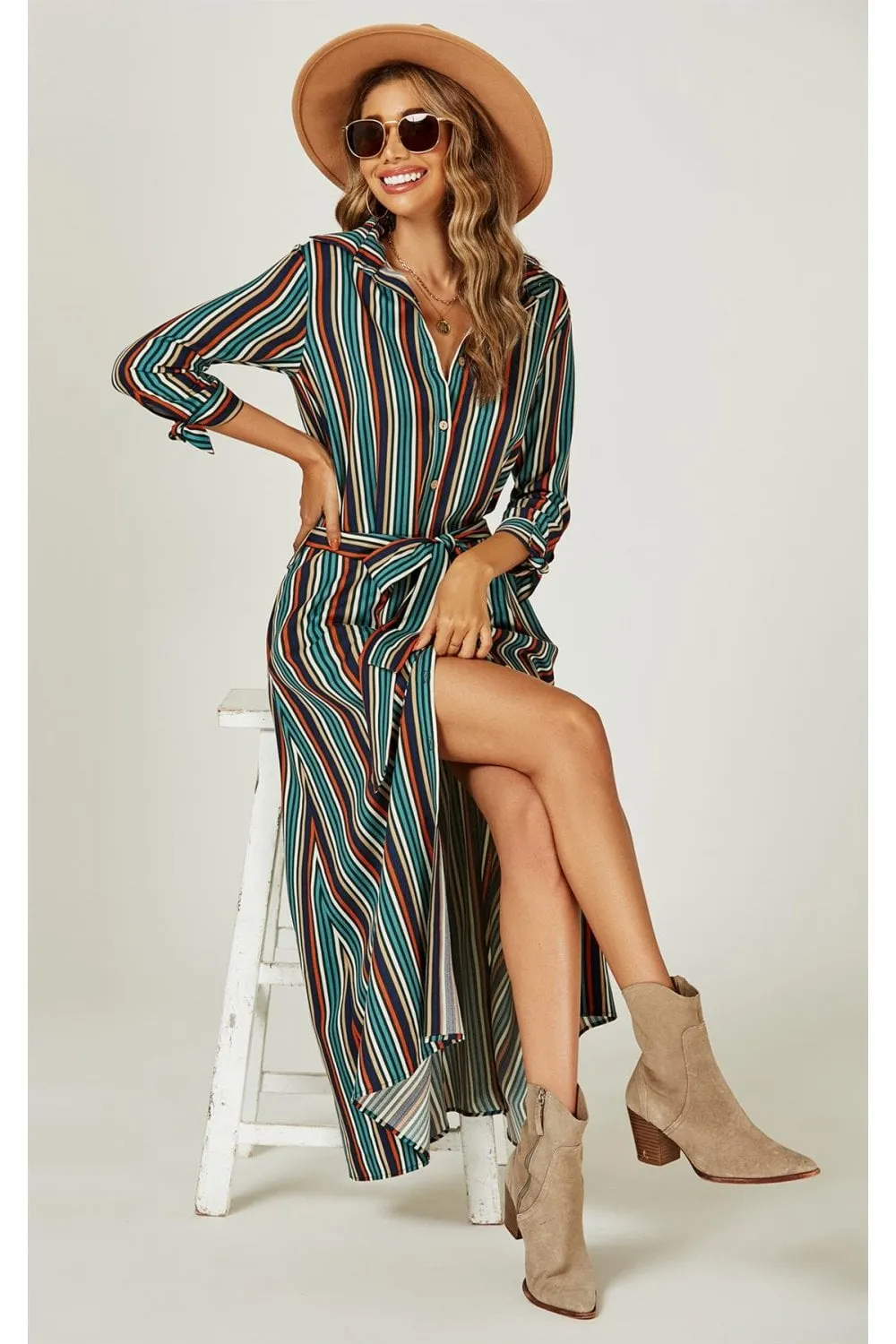 Stripe Print Maxi Shirt Dress In Navy