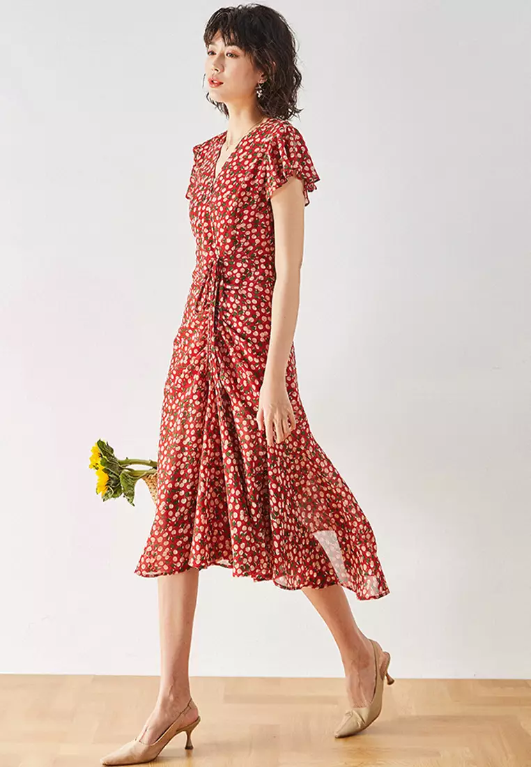 Sunnydaysweety French elegant shirred fishtail floral dress CA101937RD