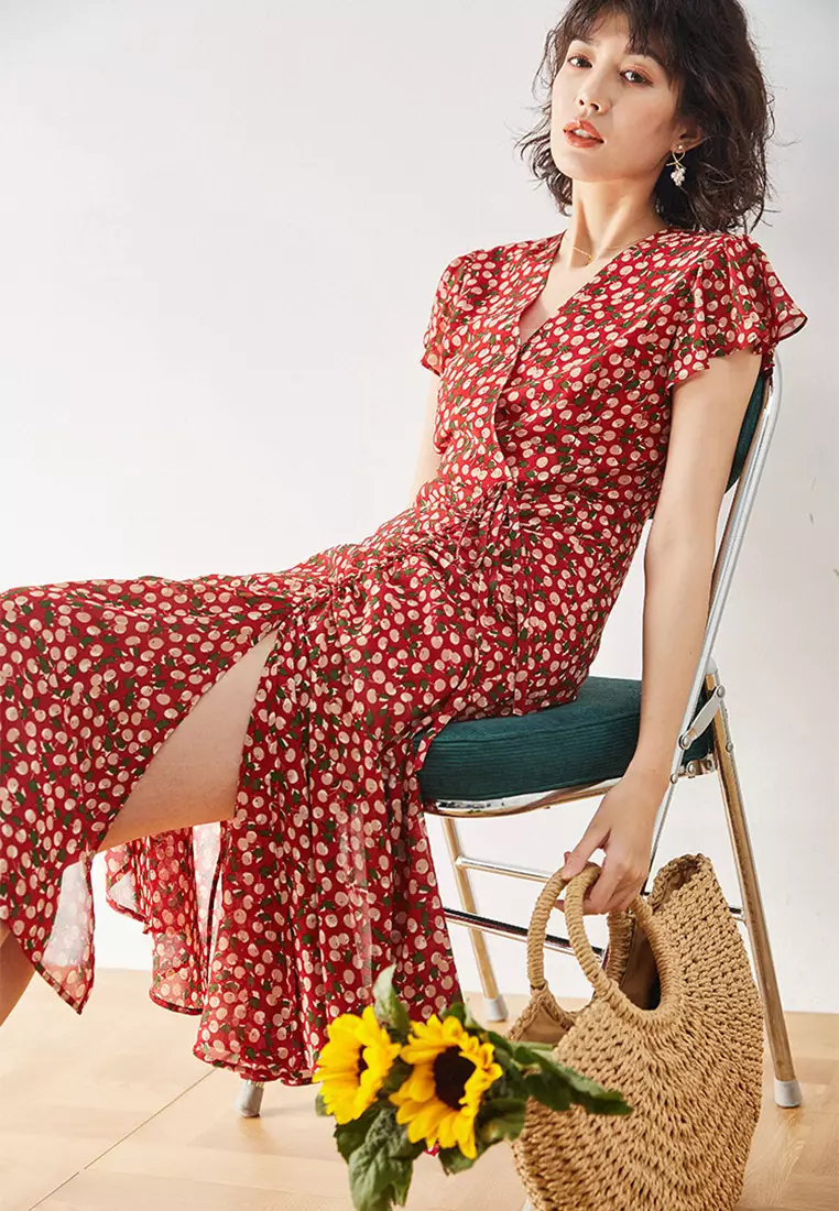 Sunnydaysweety French elegant shirred fishtail floral dress CA101937RD