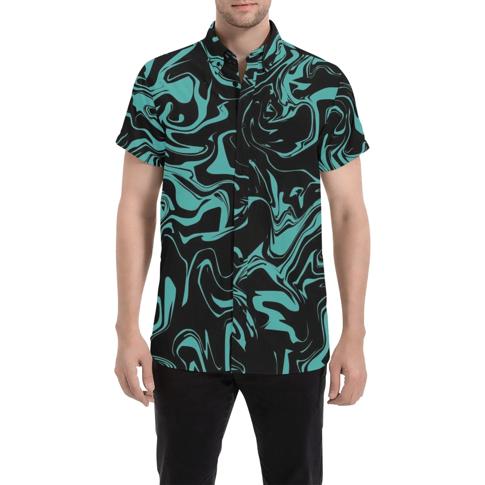 Teal and Black Oil Spill Men's Big & Tall Short Sleeve Button Up Shirt