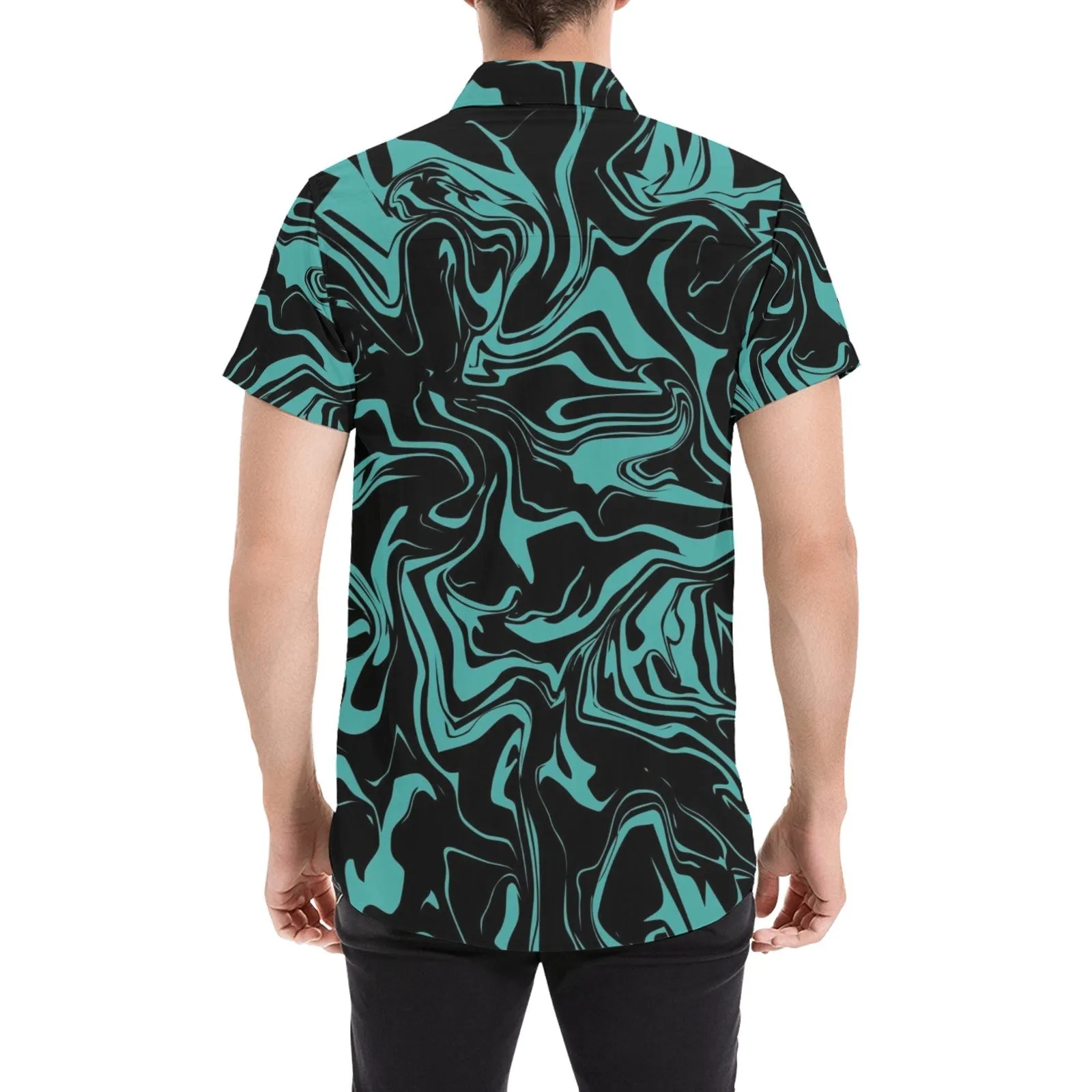 Teal and Black Oil Spill Men's Big & Tall Short Sleeve Button Up Shirt