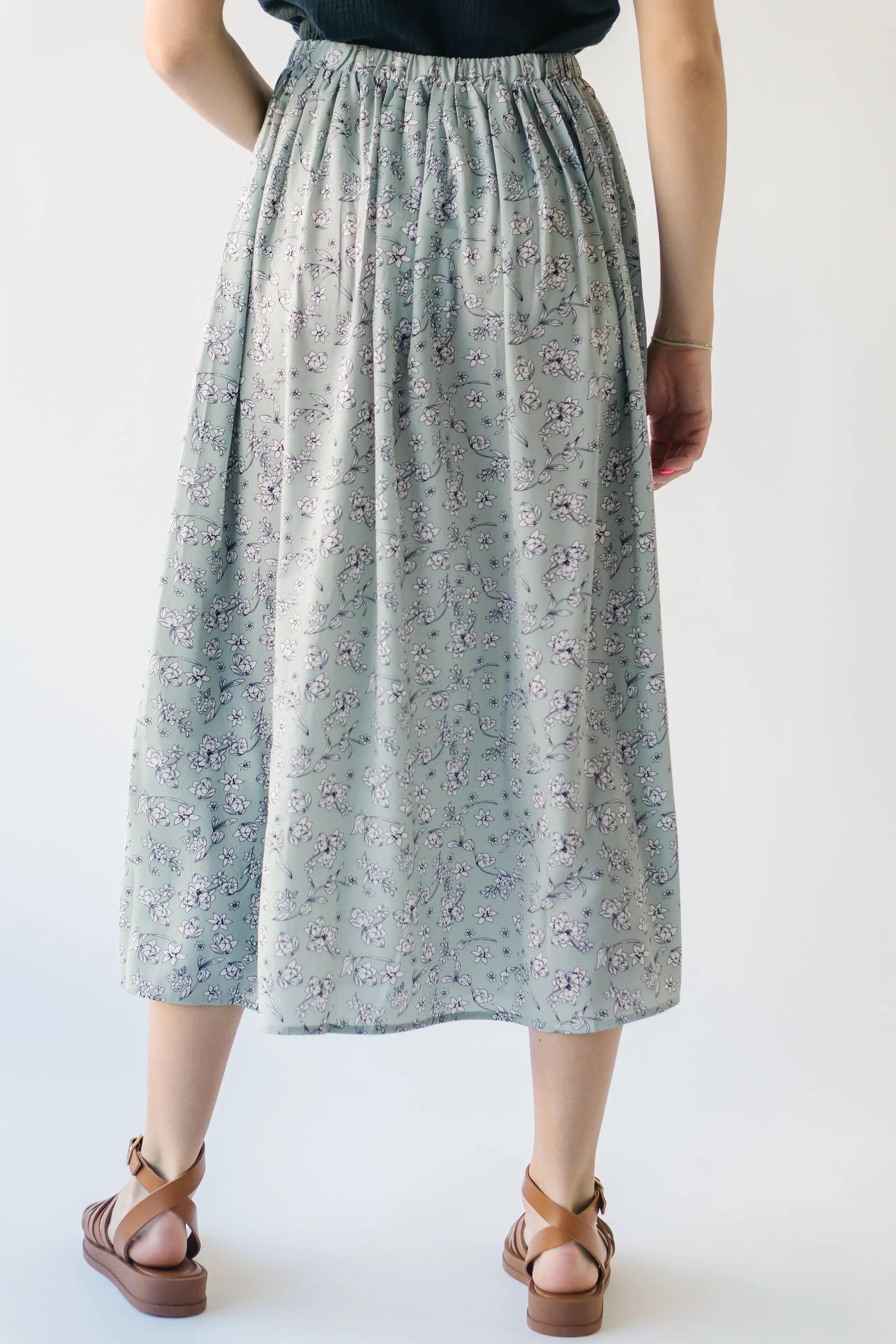 The Claudette Smocked Detail Midi Skirt in Sage