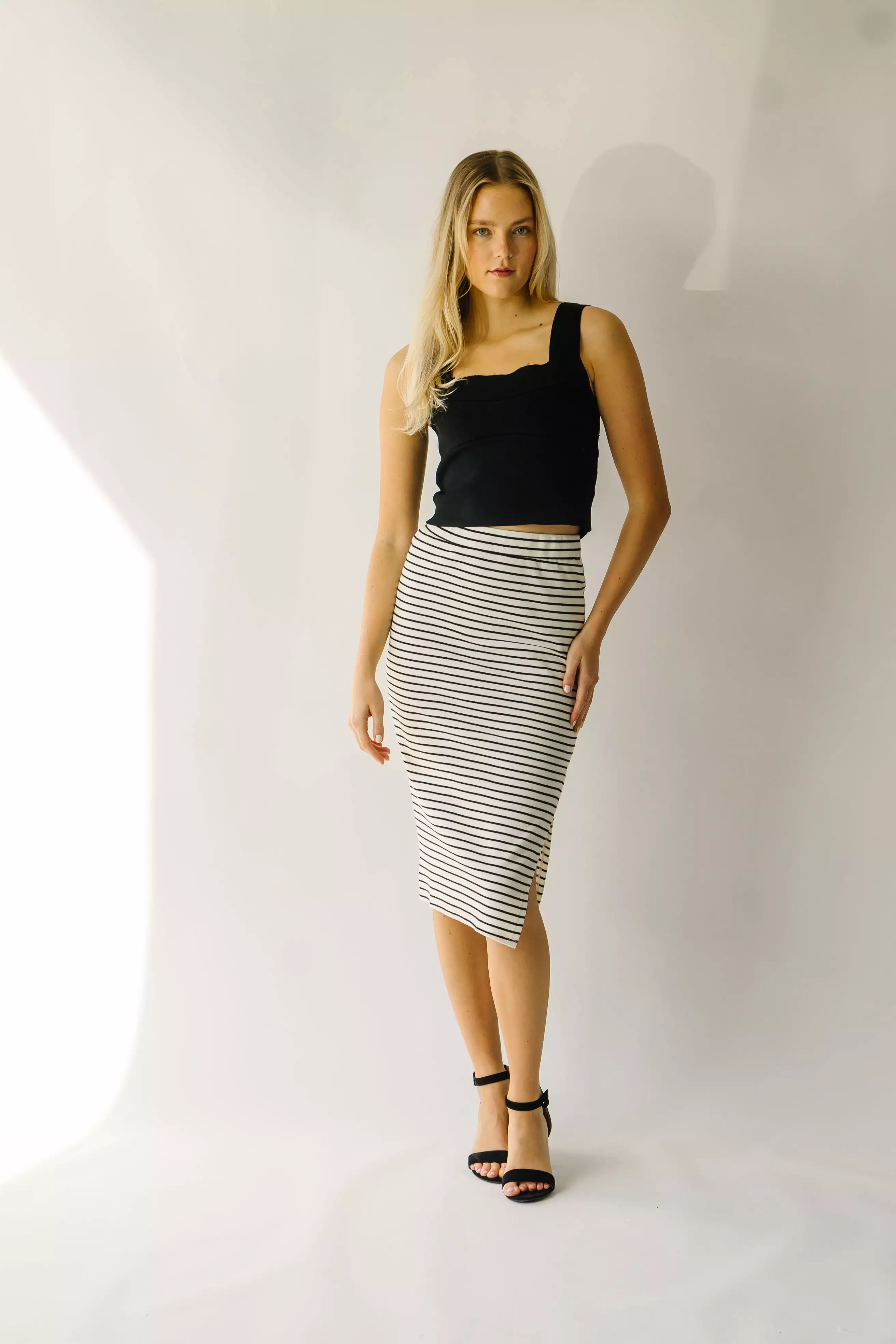 The Sumner Striped Midi Skirt in Black + Ivory