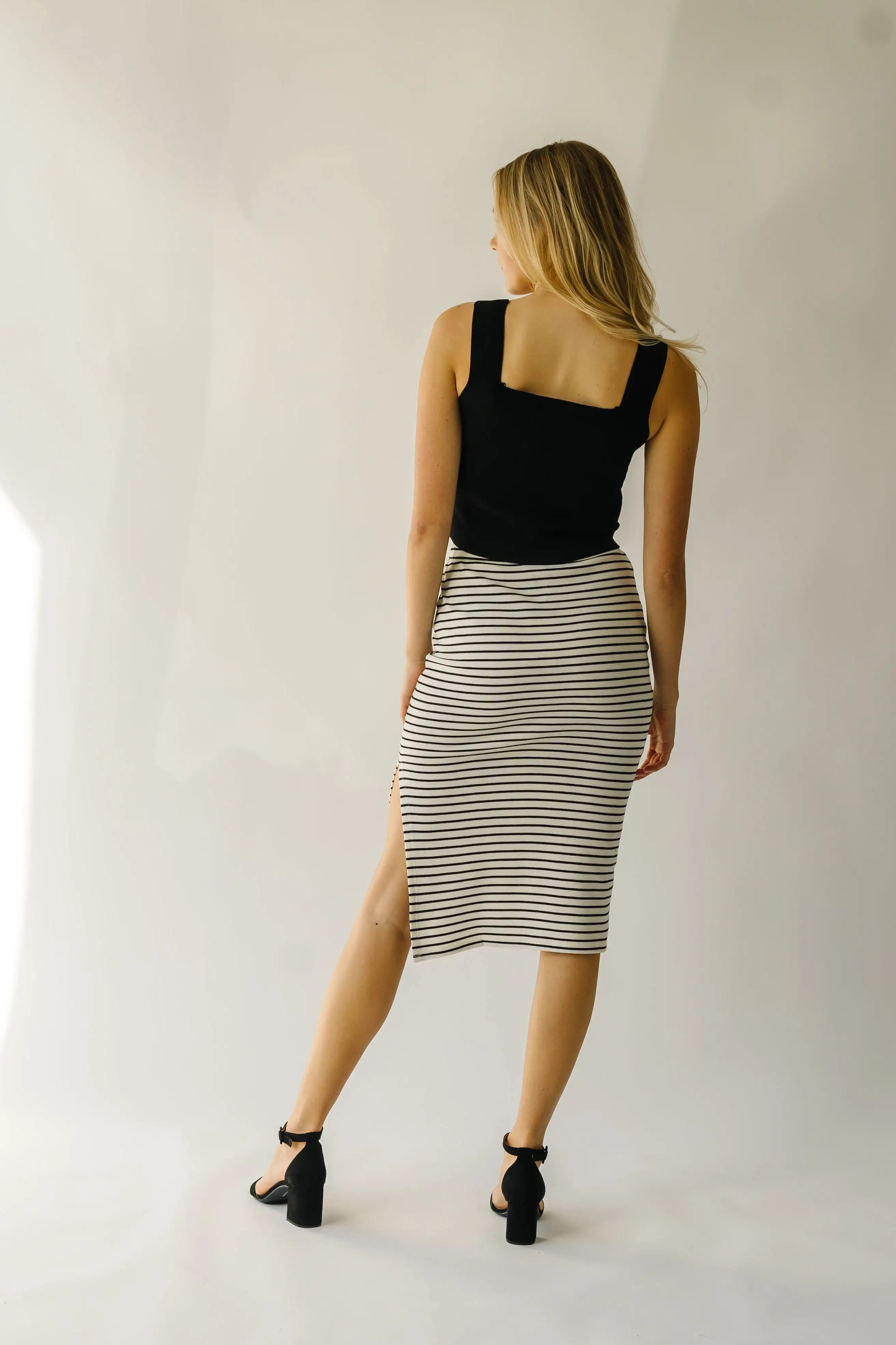 The Sumner Striped Midi Skirt in Black + Ivory