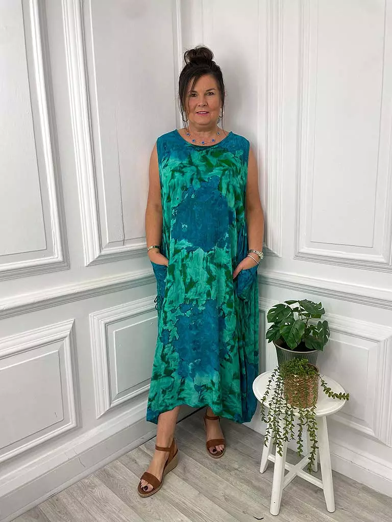 Tie Dye Pocket Cocoon Dress - Sea Green