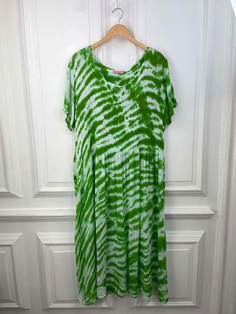 Tie Dye Shirred Midaxi Dress - Apple