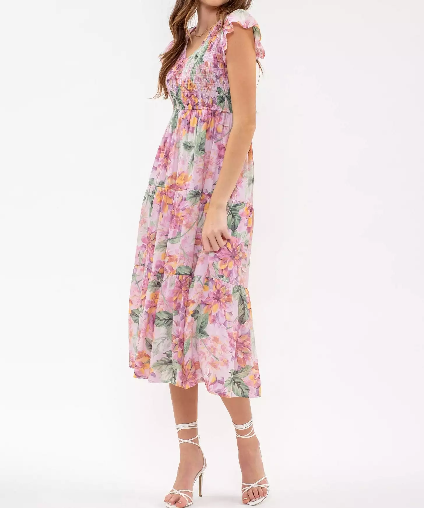 V-Neck Floral Midi Dress - Pink Multi