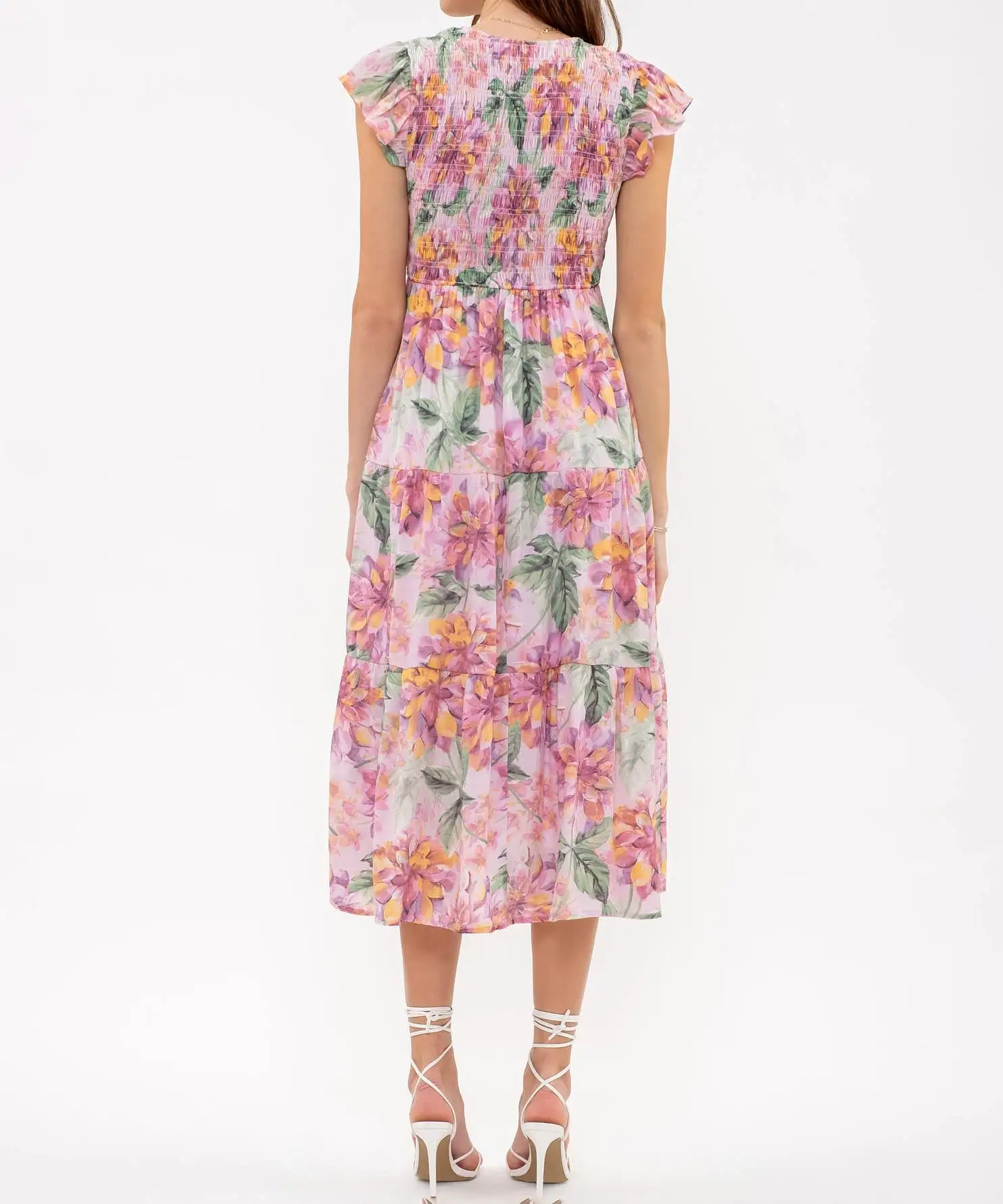 V-Neck Floral Midi Dress - Pink Multi