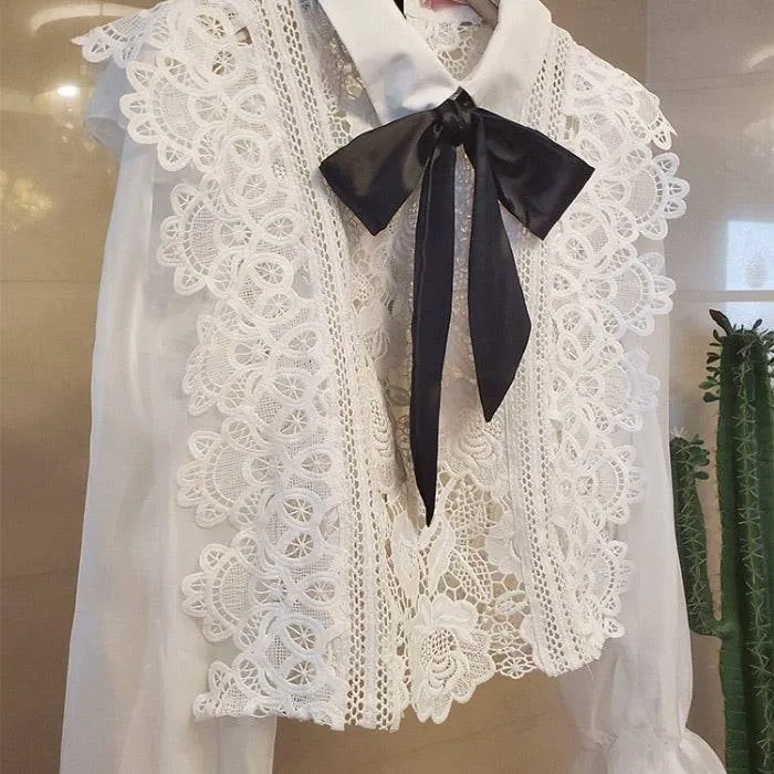 White Lace Sheer Bow Neck Shirt