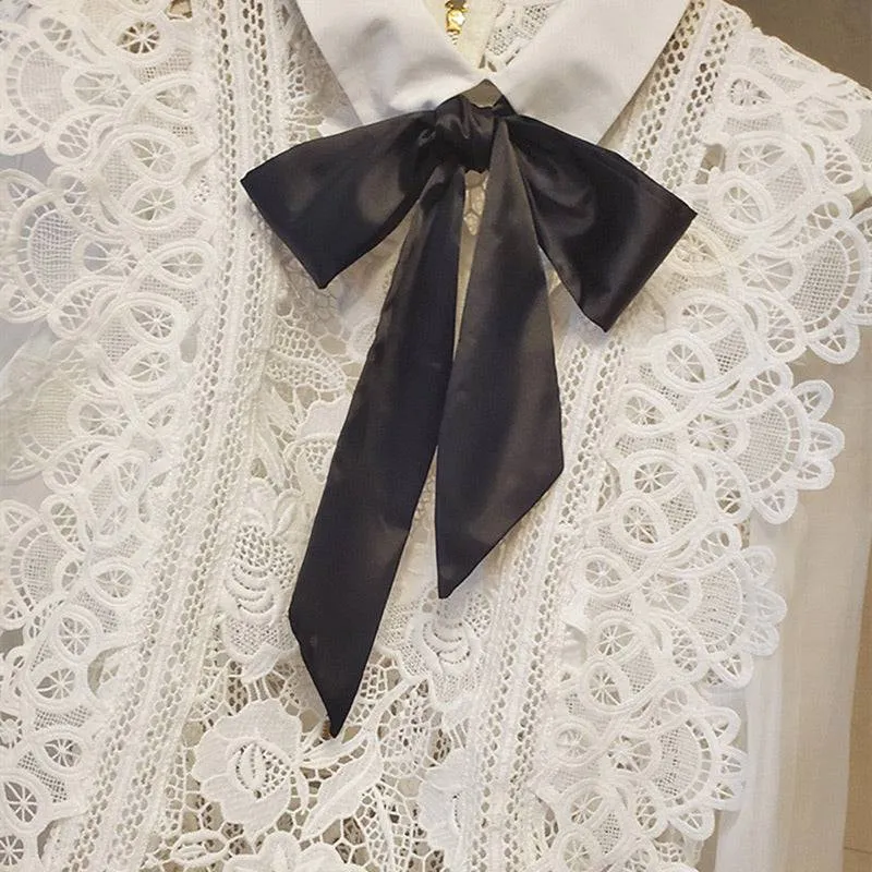 White Lace Sheer Bow Neck Shirt