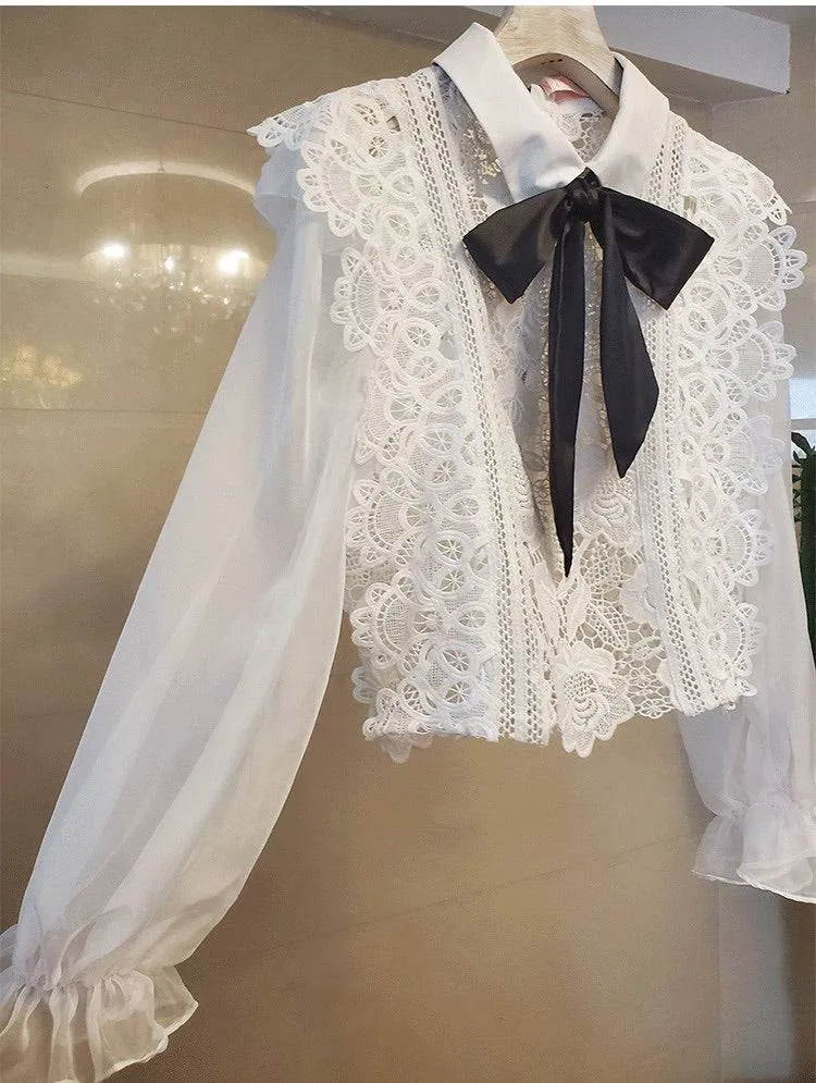 White Lace Sheer Bow Neck Shirt