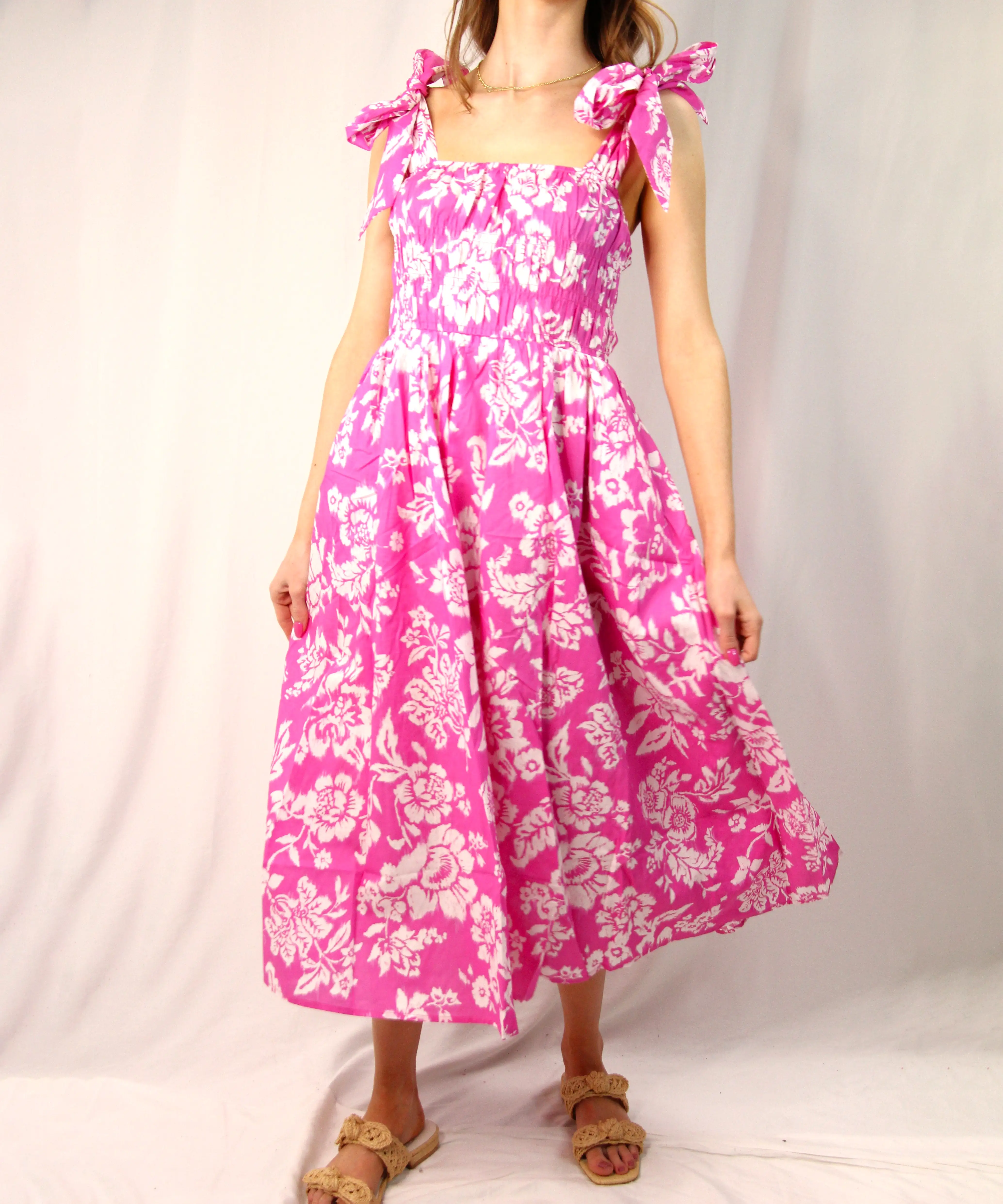 Wide Strap Floral Midi Dress - Pink