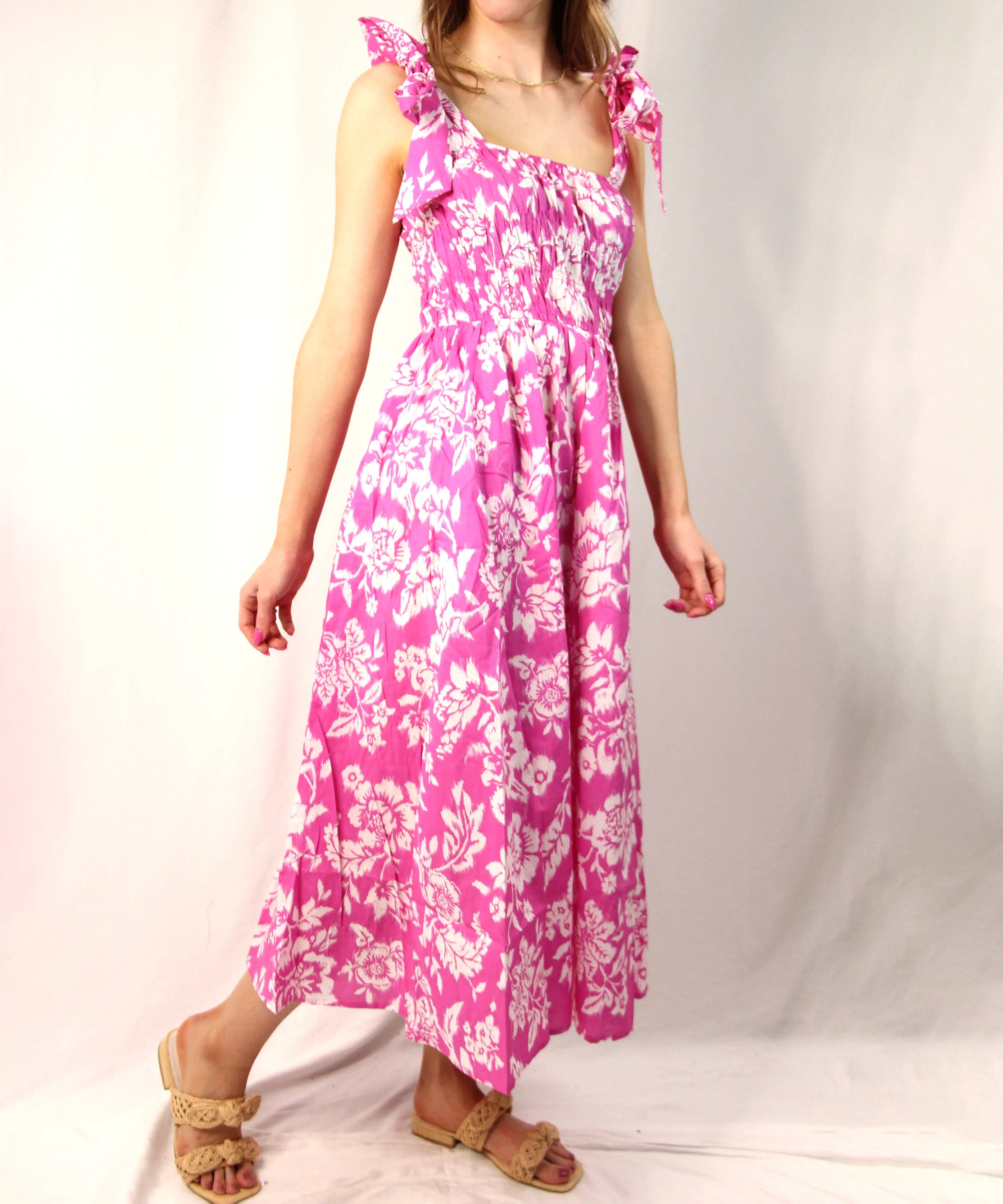 Wide Strap Floral Midi Dress - Pink