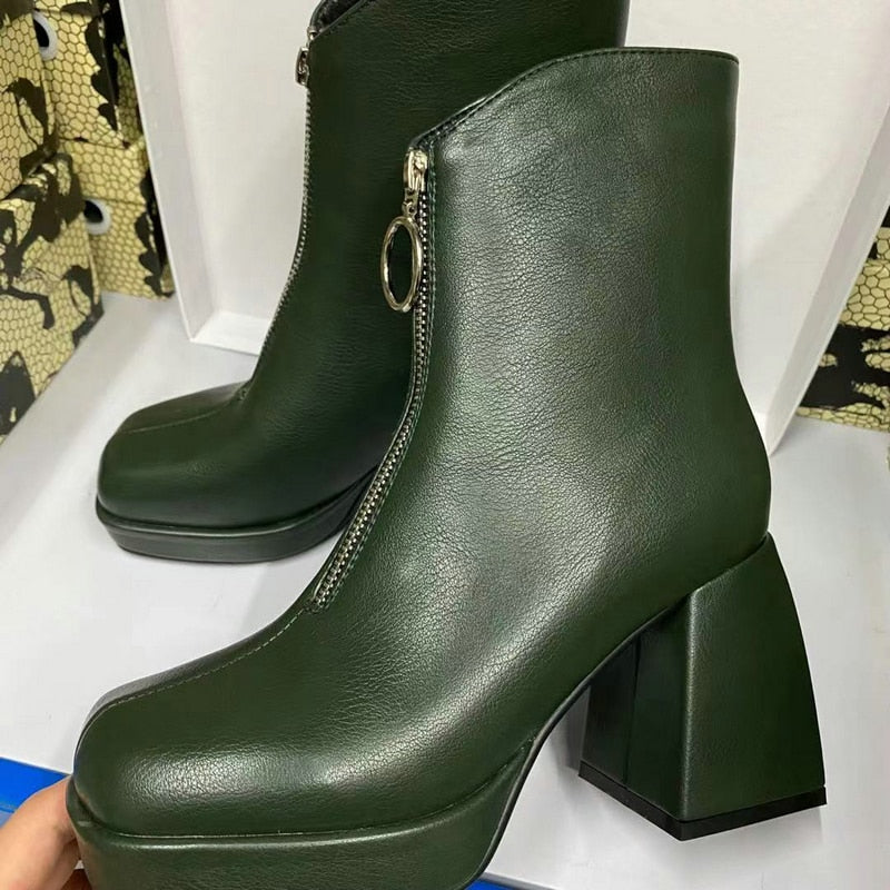 Women's Fashion Winter Comfort Square High Heel Zipper Boots