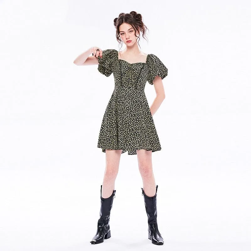 Women's Vintage Square Collar Puff Sleeved Floral Dress