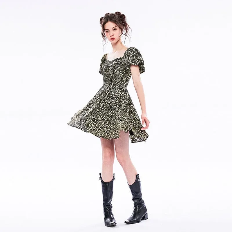 Women's Vintage Square Collar Puff Sleeved Floral Dress