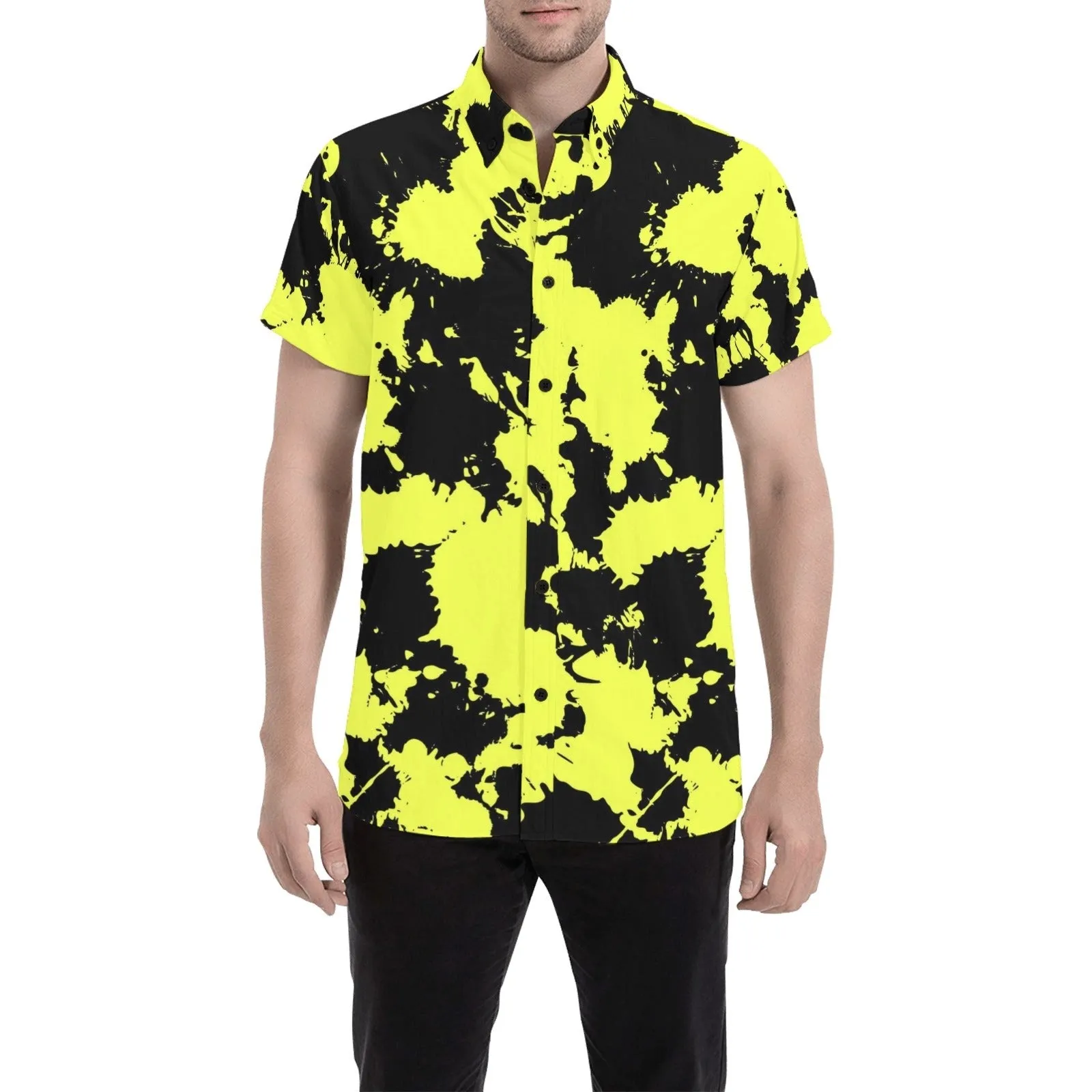 Yellow and Black Paint Splatter Men's Big & Tall Short Sleeve Button Up Shirt