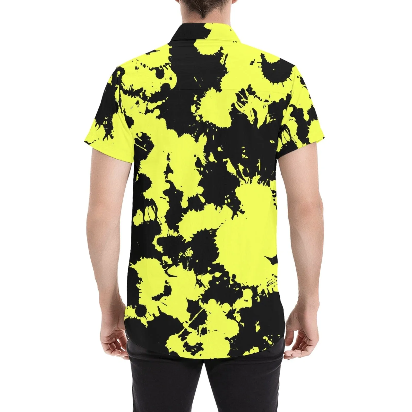 Yellow and Black Paint Splatter Men's Big & Tall Short Sleeve Button Up Shirt