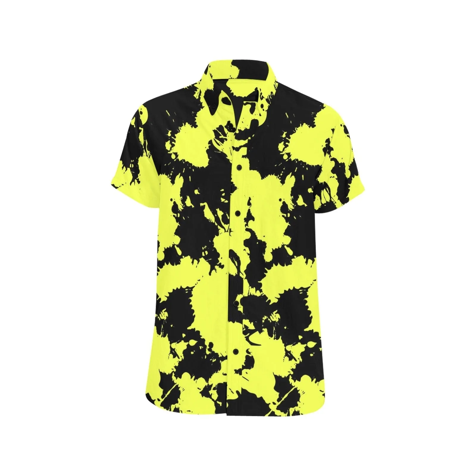 Yellow and Black Paint Splatter Men's Big & Tall Short Sleeve Button Up Shirt