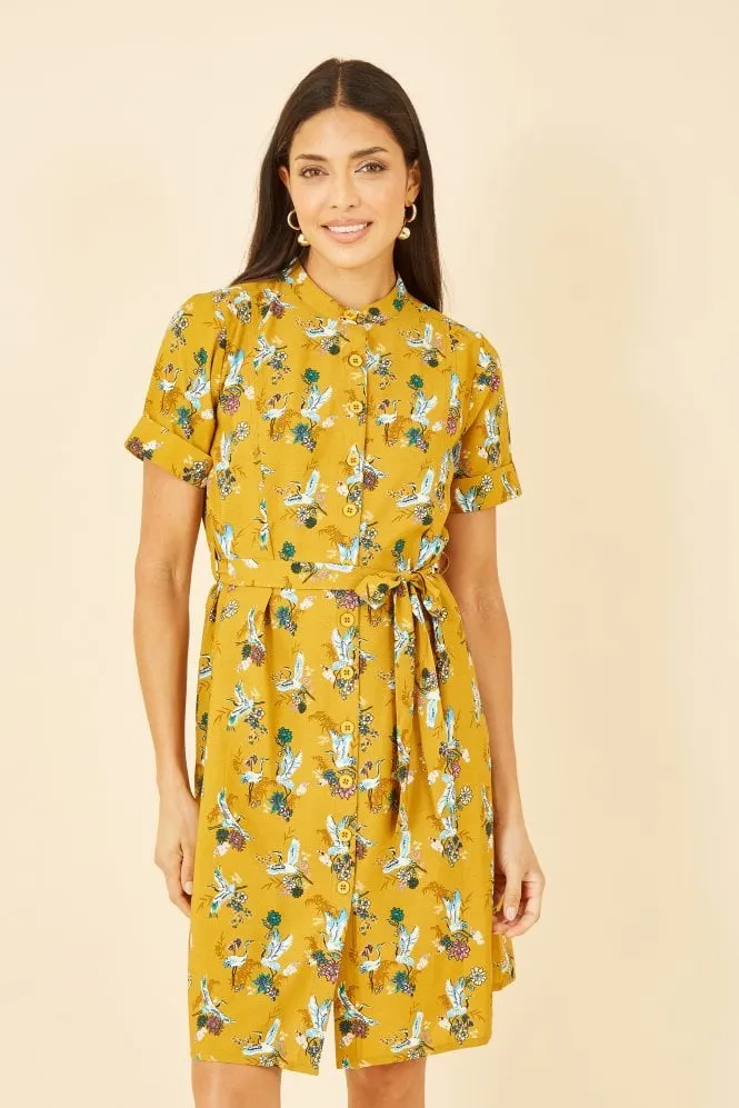 Yumi Mustard Crane Print Shirt Dress