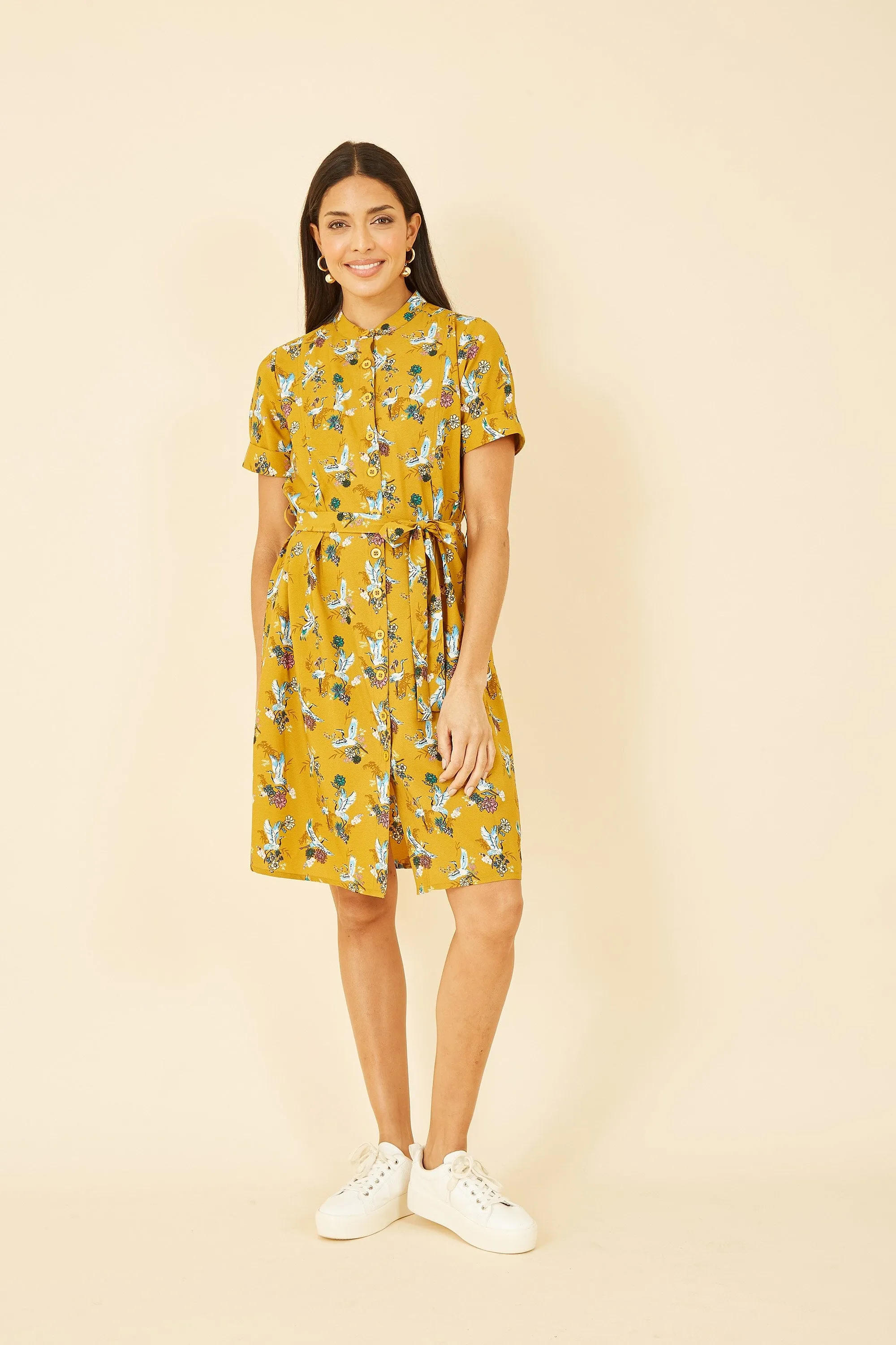 Yumi Mustard Crane Print Shirt Dress