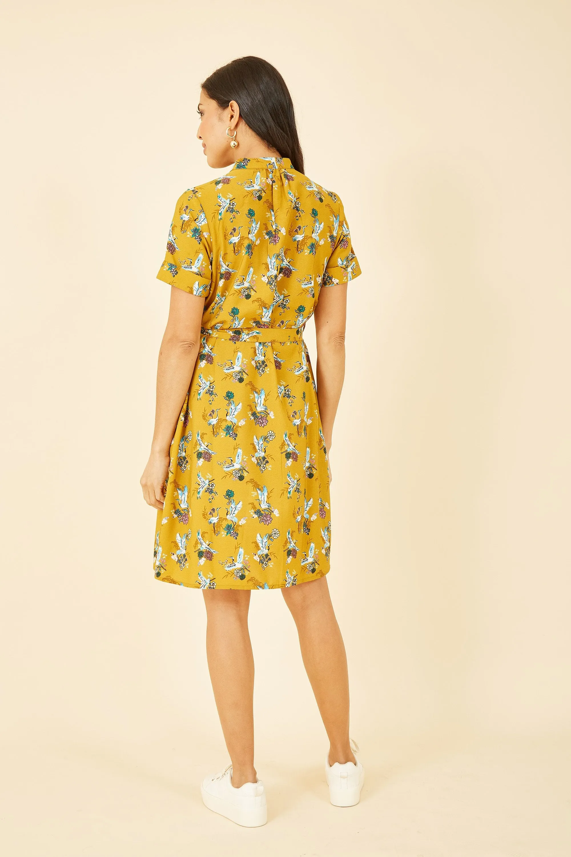 Yumi Mustard Crane Print Shirt Dress