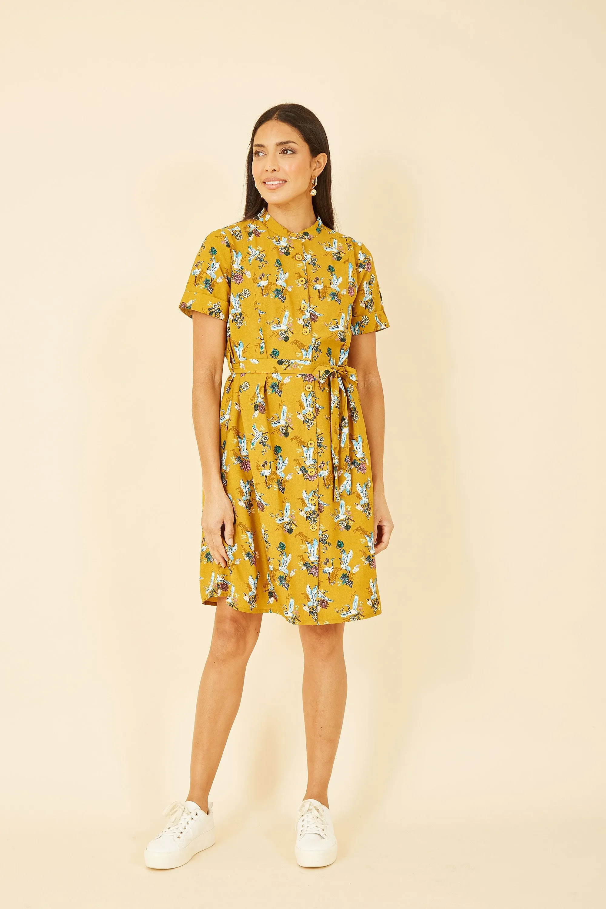 Yumi Mustard Crane Print Shirt Dress