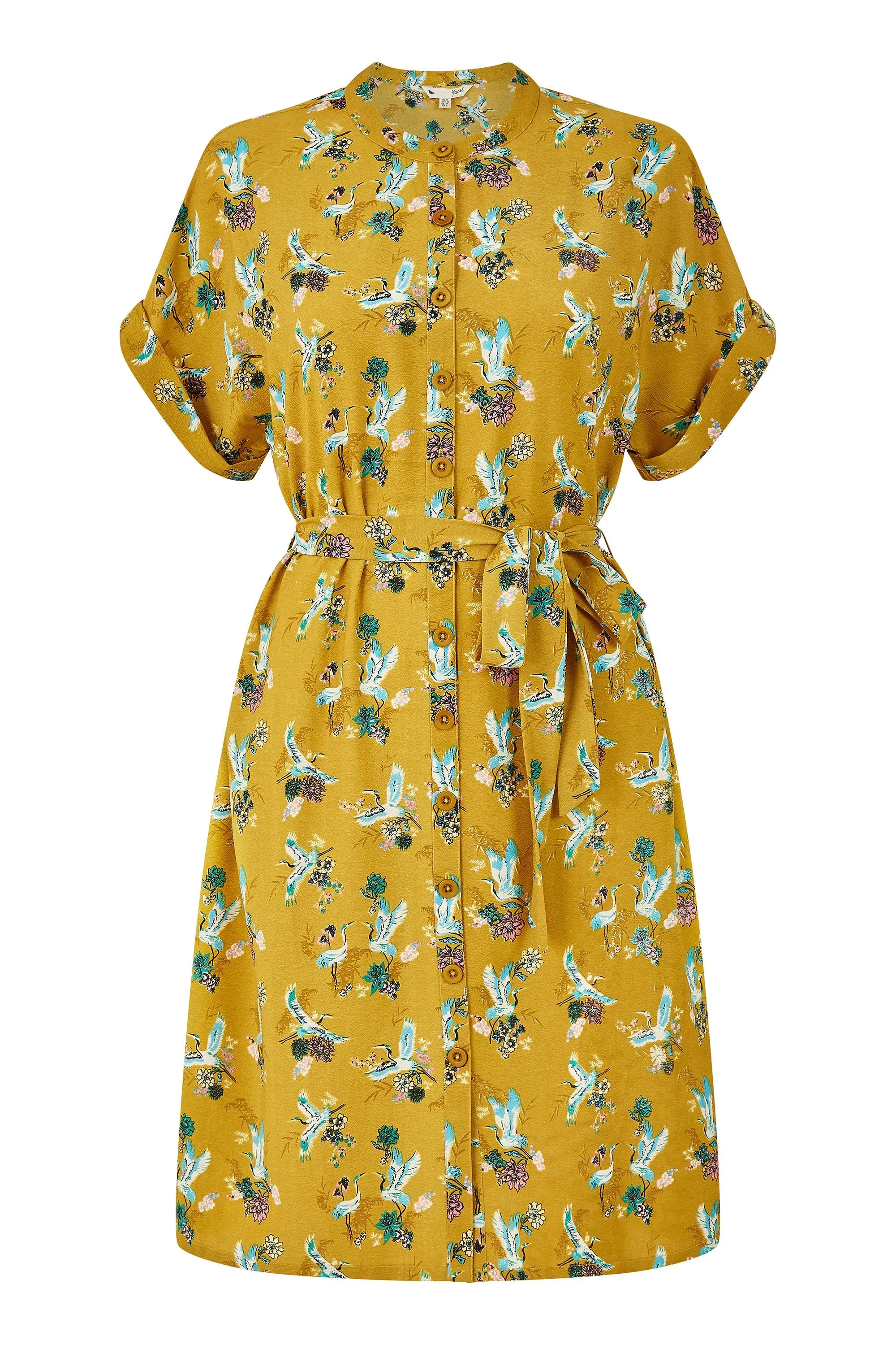 Yumi Mustard Crane Print Shirt Dress